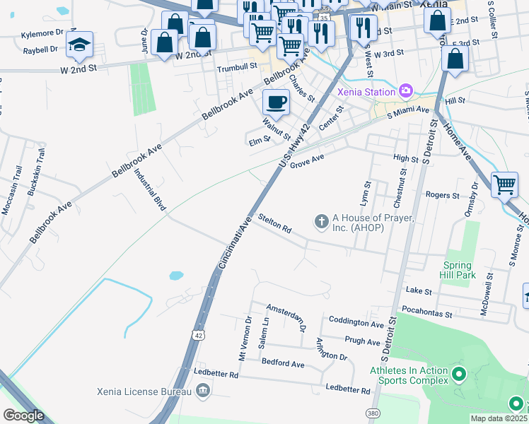 map of restaurants, bars, coffee shops, grocery stores, and more near 518 Stelton Road in Xenia