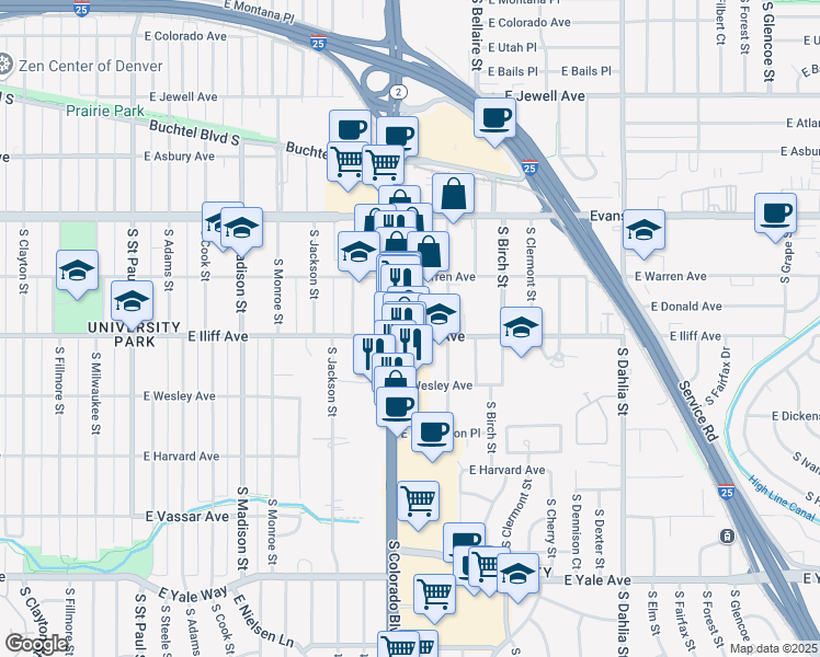 map of restaurants, bars, coffee shops, grocery stores, and more near 4045 East Iliff Avenue in Denver