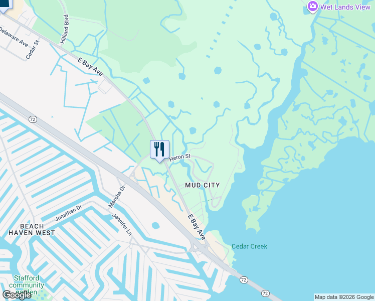 map of restaurants, bars, coffee shops, grocery stores, and more near 1187 West Mallard Drive in Stafford Township