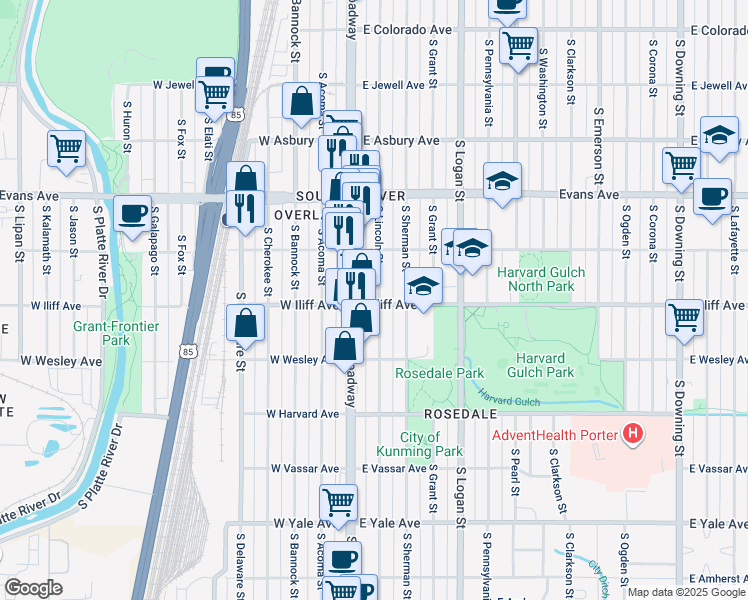 map of restaurants, bars, coffee shops, grocery stores, and more near 2295 South Lincoln Street in Denver