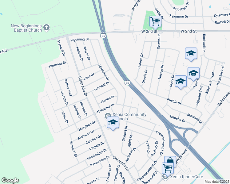 map of restaurants, bars, coffee shops, grocery stores, and more near 578 Montana Drive in Xenia