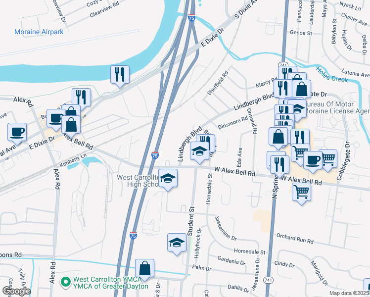 map of restaurants, bars, coffee shops, grocery stores, and more near 5342 Lindbergh Boulevard in Dayton