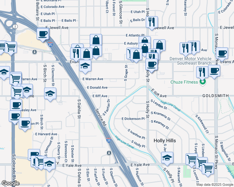 map of restaurants, bars, coffee shops, grocery stores, and more near 5245 East Iliff Avenue in Denver