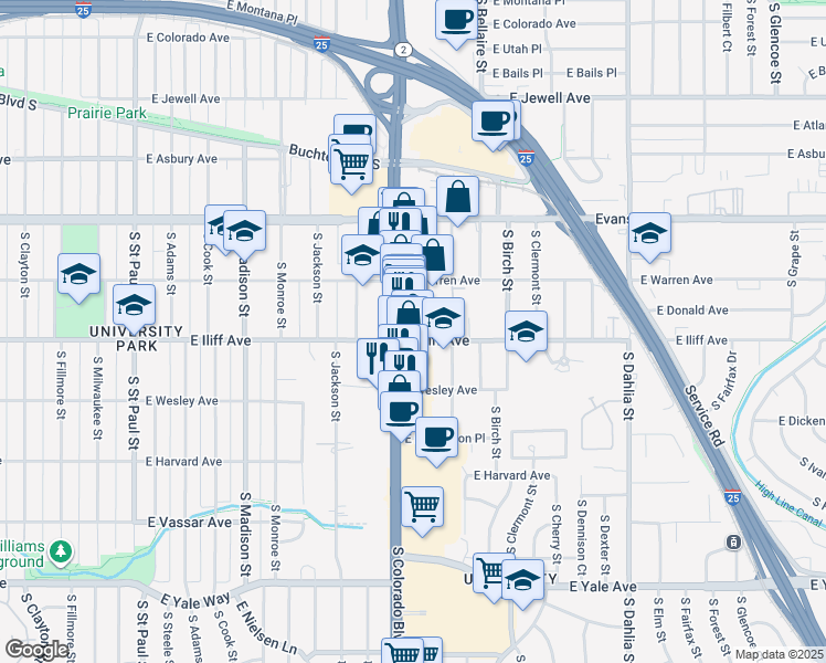 map of restaurants, bars, coffee shops, grocery stores, and more near 4045 East Iliff Avenue in Denver