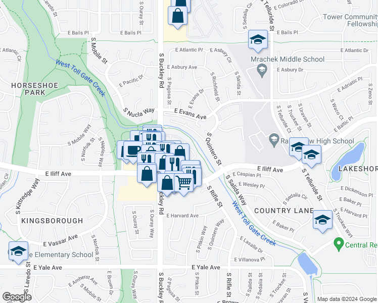 map of restaurants, bars, coffee shops, grocery stores, and more near 2244 South Pitkin Way in Aurora