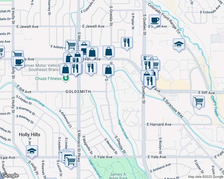 map of restaurants, bars, coffee shops, grocery stores, and more near 2302 South Oneida Street in Denver