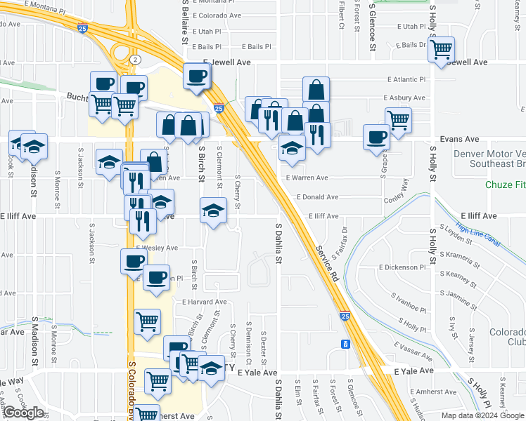 map of restaurants, bars, coffee shops, grocery stores, and more near 4715 East Iliff Avenue in Denver