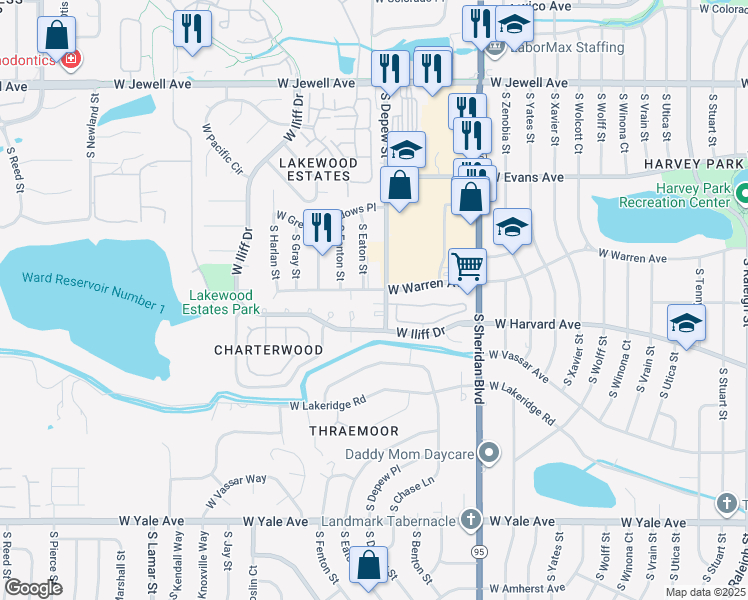 map of restaurants, bars, coffee shops, grocery stores, and more near 5720 West Warren Avenue in Denver