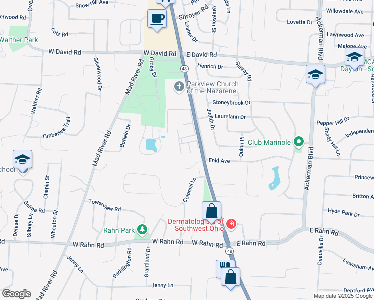 map of restaurants, bars, coffee shops, grocery stores, and more near 130 Cannonbury Court in Dayton