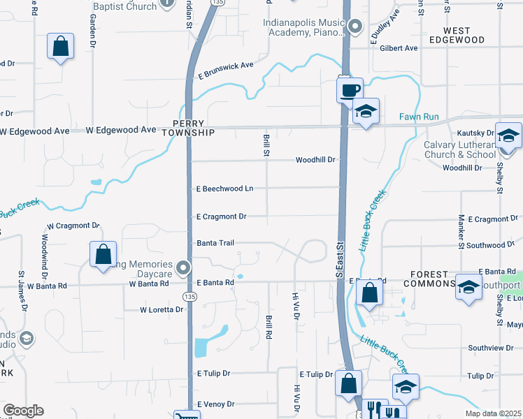 map of restaurants, bars, coffee shops, grocery stores, and more near 210 East Cragmont Drive in Indianapolis