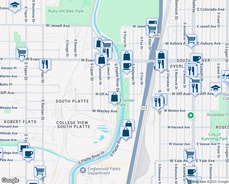 map of restaurants, bars, coffee shops, grocery stores, and more near 905 West Iliff Avenue in Denver