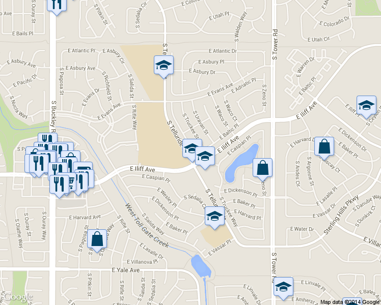 map of restaurants, bars, coffee shops, grocery stores, and more near 2239 South Telluride Court in Aurora