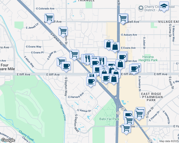 map of restaurants, bars, coffee shops, grocery stores, and more near 2298 South Parker Road in Denver
