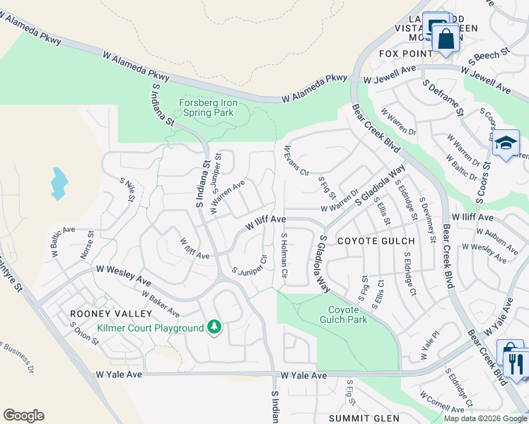 map of restaurants, bars, coffee shops, grocery stores, and more near 14914 West Warren Place in Lakewood