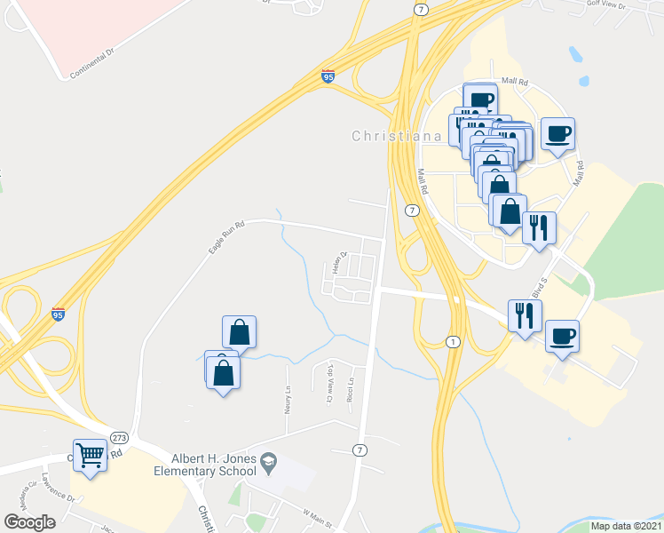 map of restaurants, bars, coffee shops, grocery stores, and more near 1500 Helen Drive in Newark