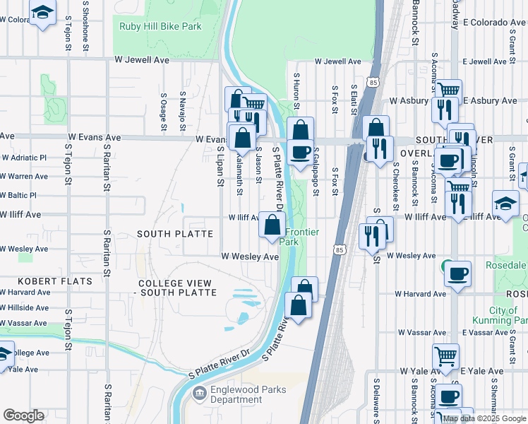 map of restaurants, bars, coffee shops, grocery stores, and more near 905 West Iliff Avenue in Denver
