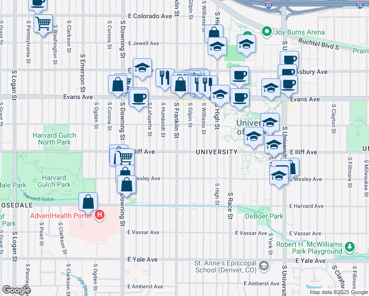 map of restaurants, bars, coffee shops, grocery stores, and more near in Denver