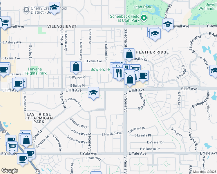 map of restaurants, bars, coffee shops, grocery stores, and more near 2291 Oswego Street in Aurora