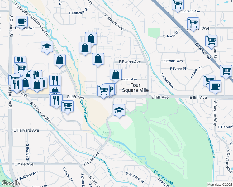 map of restaurants, bars, coffee shops, grocery stores, and more near 8501 East Iliff Avenue in Denver