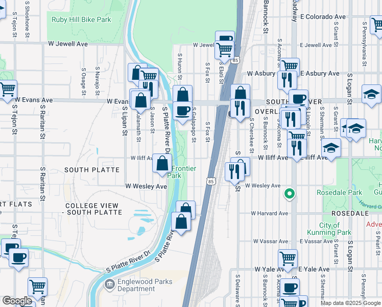 map of restaurants, bars, coffee shops, grocery stores, and more near 2297 South Galapago Street in Denver