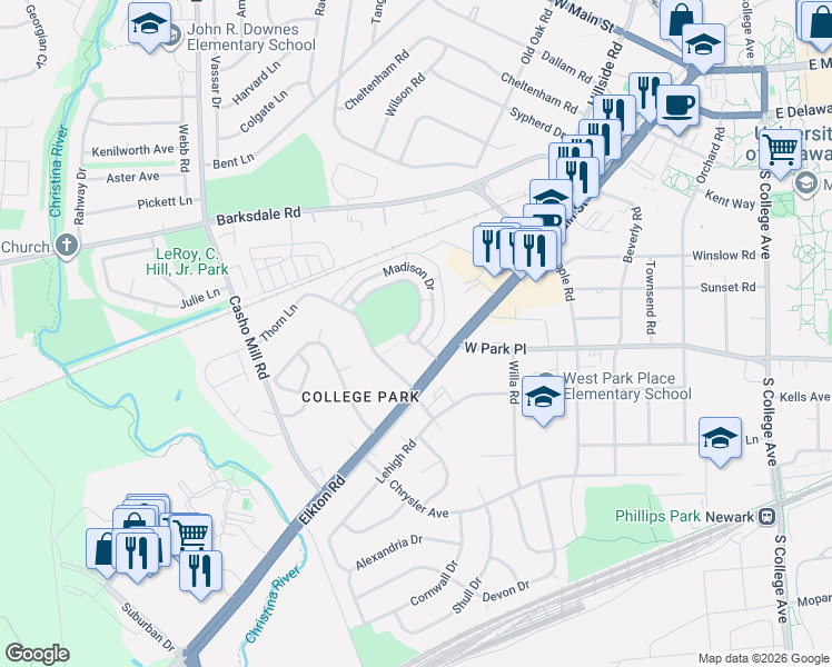 map of restaurants, bars, coffee shops, grocery stores, and more near 10 Madison Drive in Newark