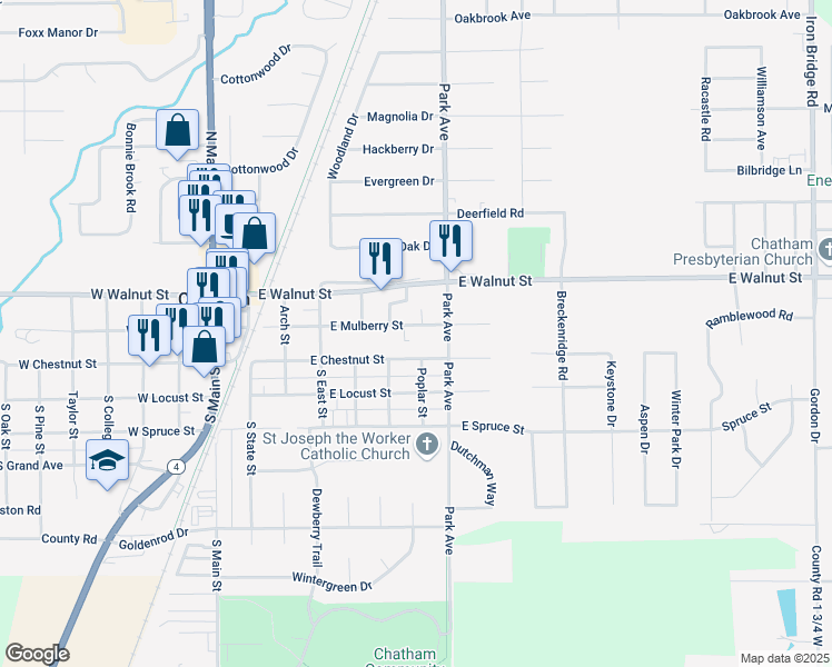 map of restaurants, bars, coffee shops, grocery stores, and more near 616 East Mulberry Street in Chatham
