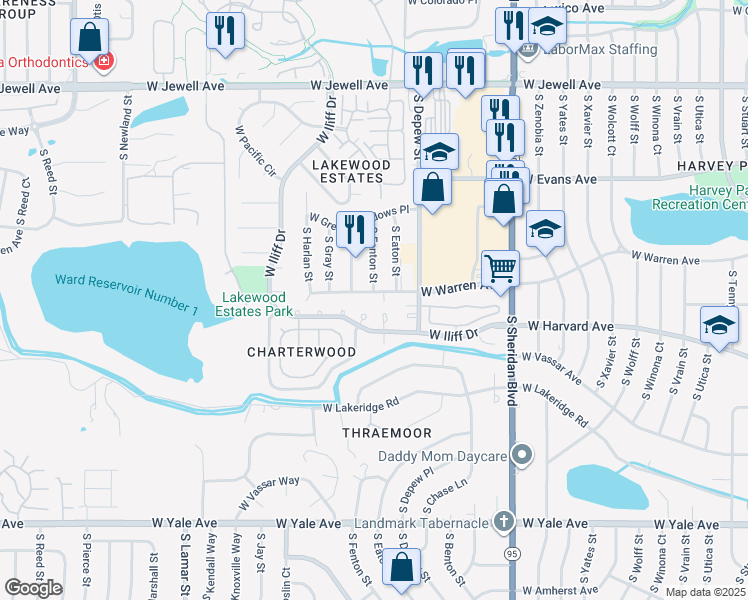 map of restaurants, bars, coffee shops, grocery stores, and more near 5720 West Warren Avenue in Denver