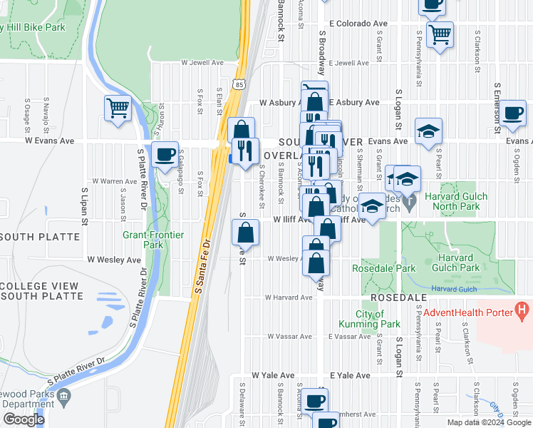 map of restaurants, bars, coffee shops, grocery stores, and more near 2286 South Cherokee Street in Denver