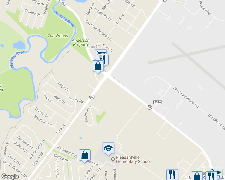 map of restaurants, bars, coffee shops, grocery stores, and more near 176 Airport Road in New Castle