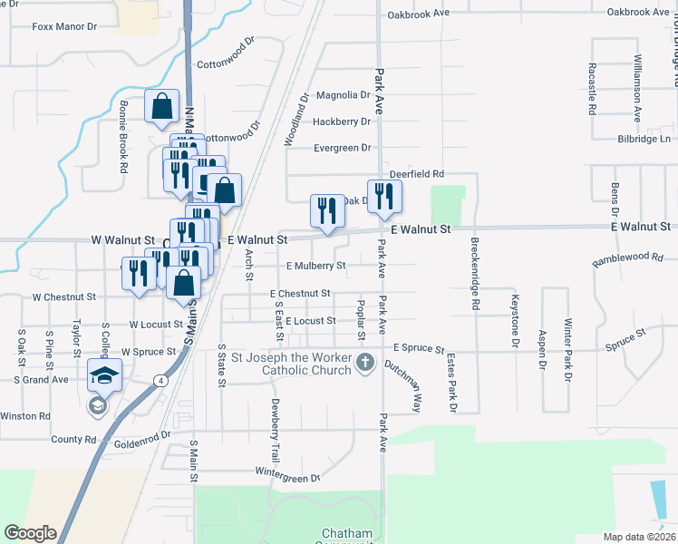 map of restaurants, bars, coffee shops, grocery stores, and more near 616 East Mulberry Street in Chatham