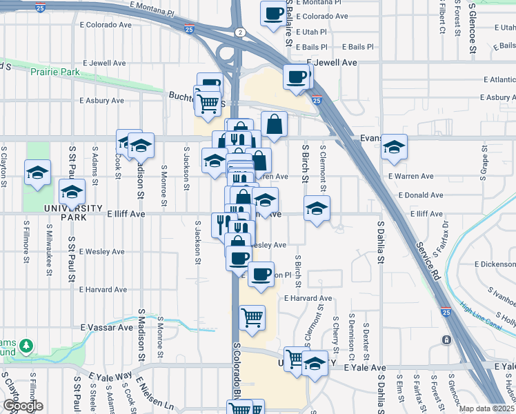 map of restaurants, bars, coffee shops, grocery stores, and more near 2280 South Albion Street in Denver
