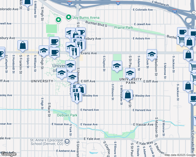 map of restaurants, bars, coffee shops, grocery stores, and more near 2272 South Columbine Street in Denver