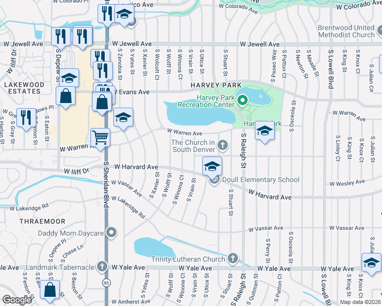 map of restaurants, bars, coffee shops, grocery stores, and more near 2382 South Winona Court in Denver