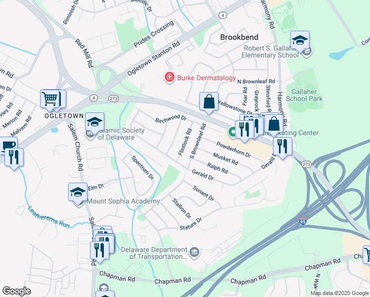 map of restaurants, bars, coffee shops, grocery stores, and more near 117 Flintlock Road in Newark