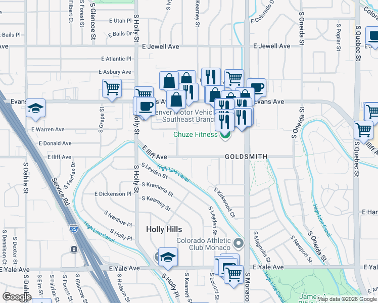 map of restaurants, bars, coffee shops, grocery stores, and more near 6165 East Iliff Avenue in Denver