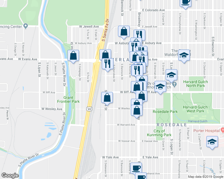 map of restaurants, bars, coffee shops, grocery stores, and more near 2286 South Cherokee Street in Denver