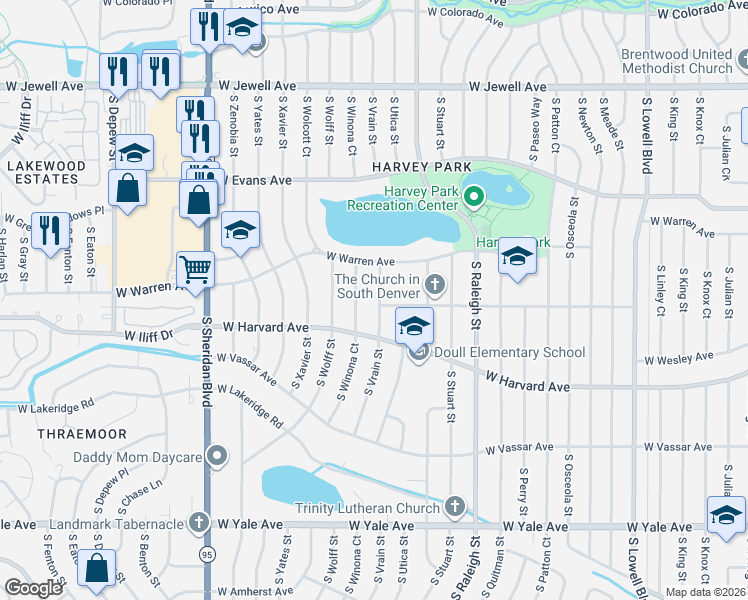 map of restaurants, bars, coffee shops, grocery stores, and more near 2382 South Winona Court in Denver