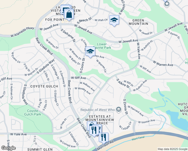 map of restaurants, bars, coffee shops, grocery stores, and more near 2291 South Beech Way in Lakewood