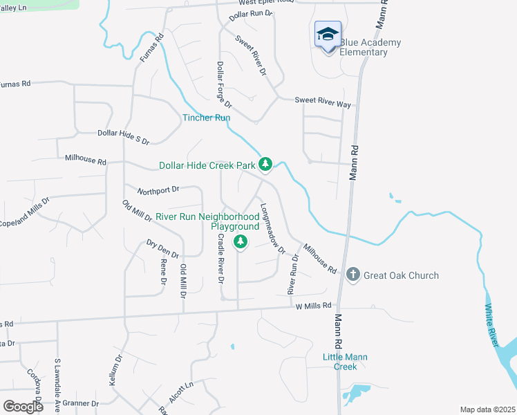 map of restaurants, bars, coffee shops, grocery stores, and more near 6117 Long River Lane in Indianapolis