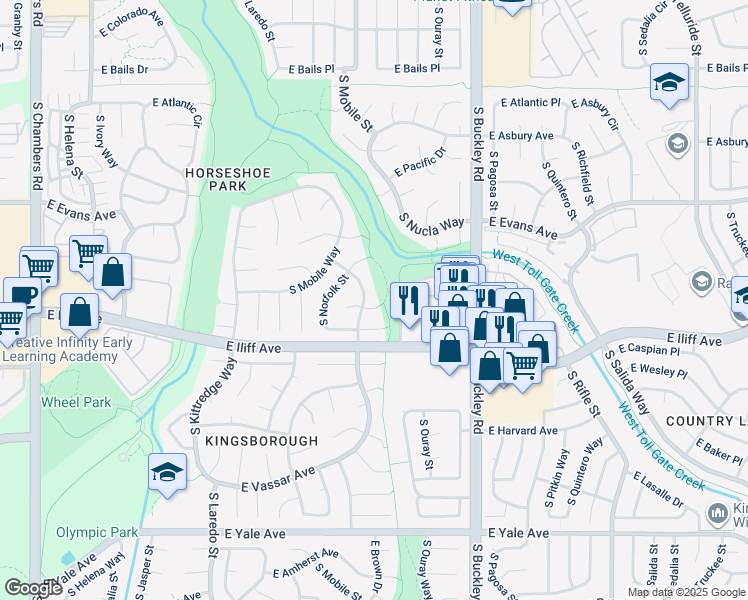 map of restaurants, bars, coffee shops, grocery stores, and more near 16589 East Baltic Place in Aurora