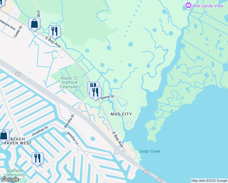 map of restaurants, bars, coffee shops, grocery stores, and more near 1255 West Mallard Drive in Stafford Township