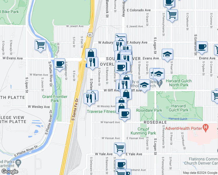 map of restaurants, bars, coffee shops, grocery stores, and more near 2280 South Bannock Street in Denver