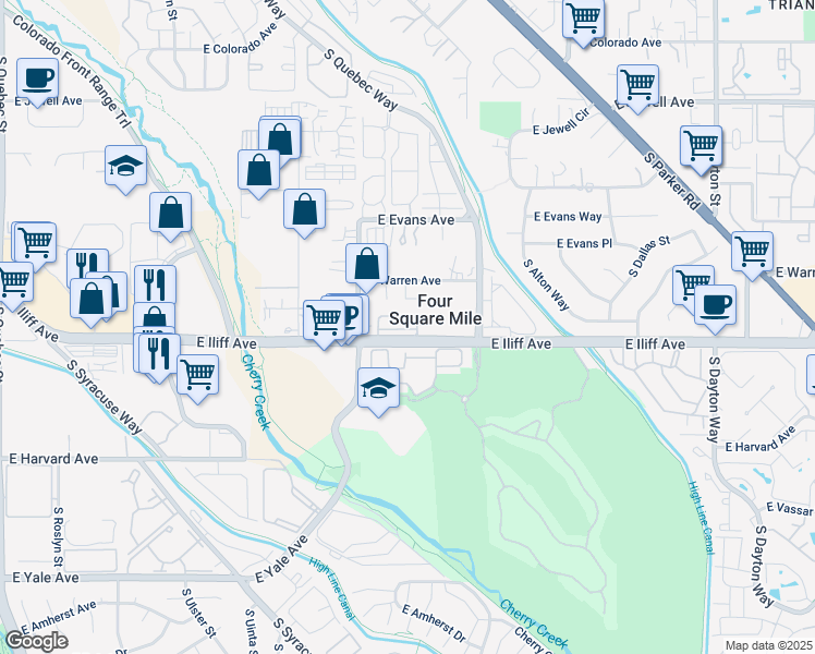 map of restaurants, bars, coffee shops, grocery stores, and more near 8625 East Iliff Avenue in Denver