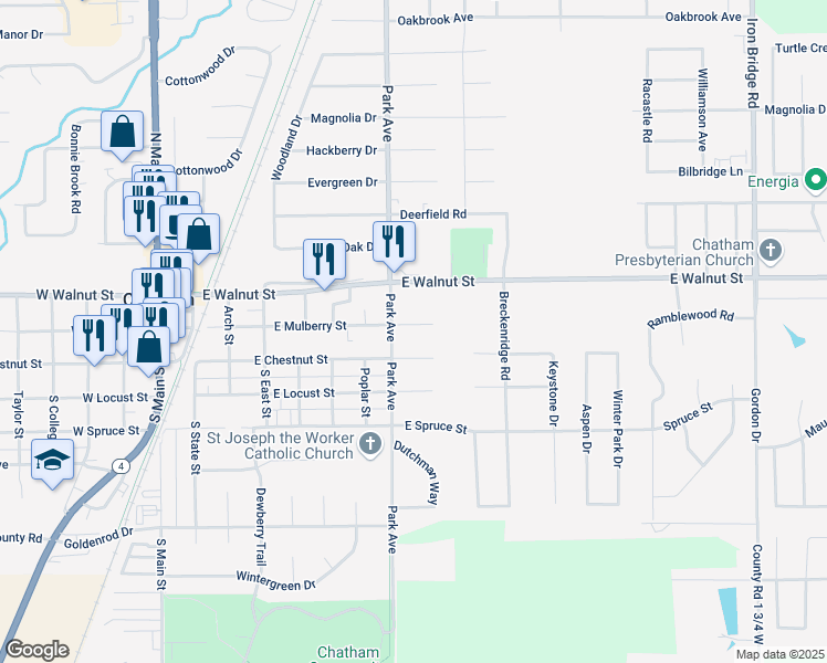 map of restaurants, bars, coffee shops, grocery stores, and more near 810 East Mulberry Street in Chatham