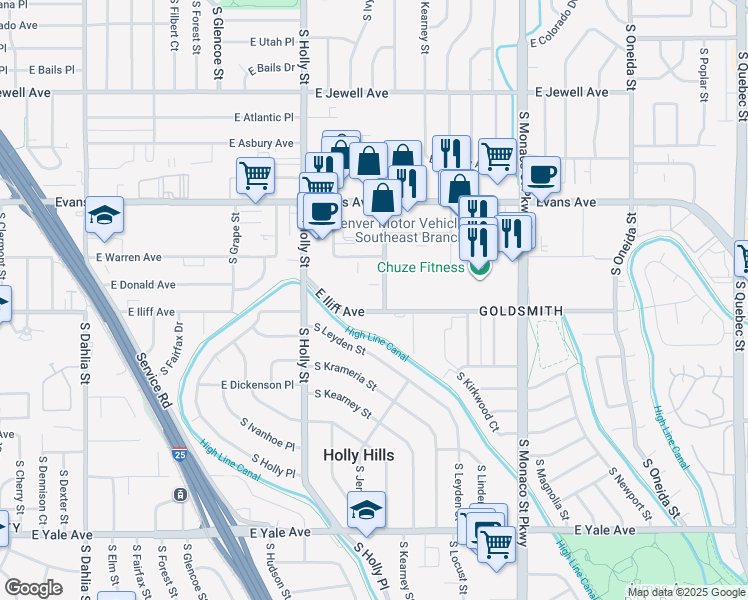 map of restaurants, bars, coffee shops, grocery stores, and more near 5905 East Iliff Avenue in Denver