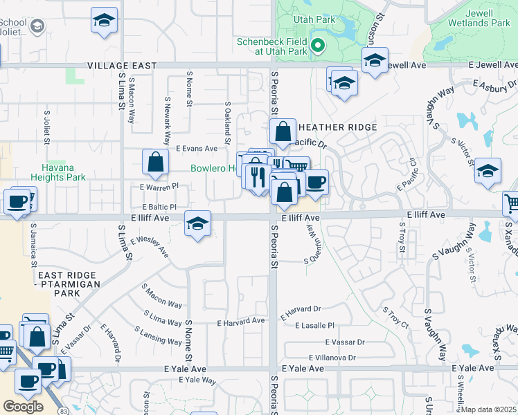 map of restaurants, bars, coffee shops, grocery stores, and more near 12011 East Iliff Avenue in Aurora