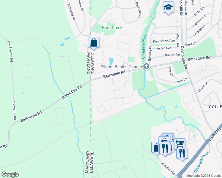 map of restaurants, bars, coffee shops, grocery stores, and more near 114 West Shetland Court in Newark