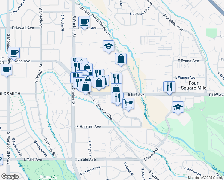 map of restaurants, bars, coffee shops, grocery stores, and more near 7697-7699 East Iliff Avenue in Denver