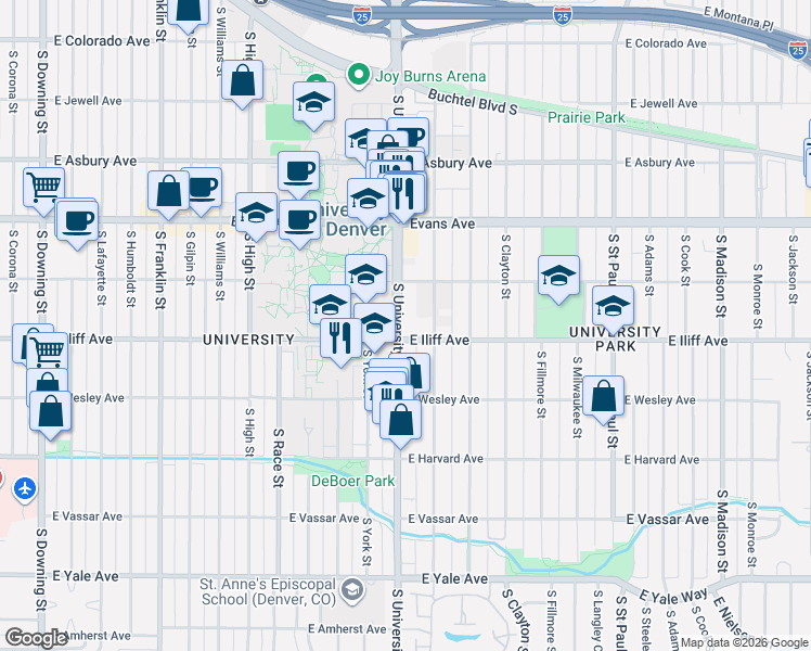 map of restaurants, bars, coffee shops, grocery stores, and more near 2270 South University Boulevard in Denver