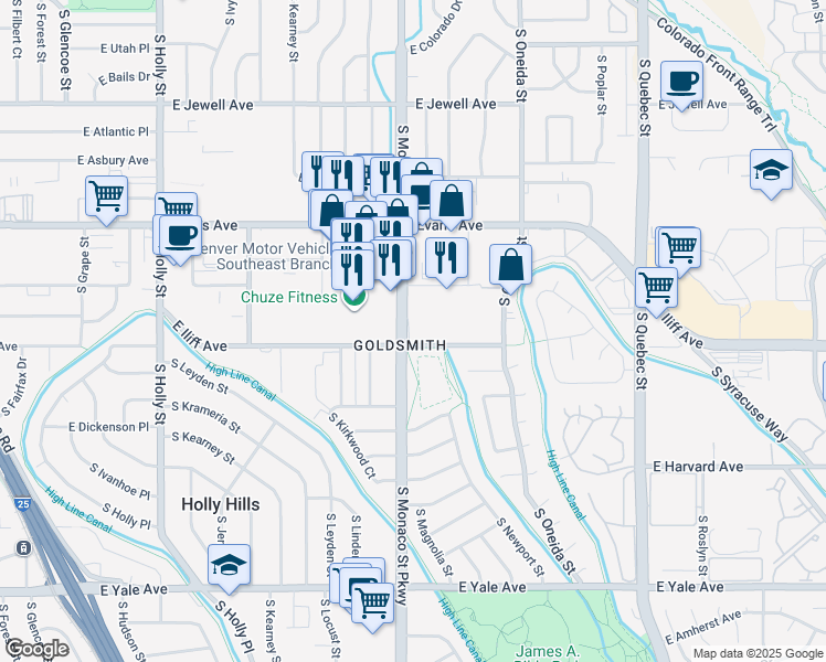 map of restaurants, bars, coffee shops, grocery stores, and more near in Denver